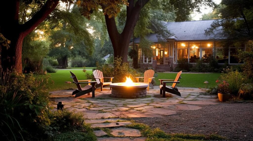 landscaping around trees with a fire pit