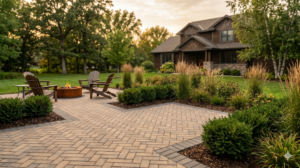 Finished paver patio in Chanhassen, Minnesota with dark olive landscape borders and warm stone colo
