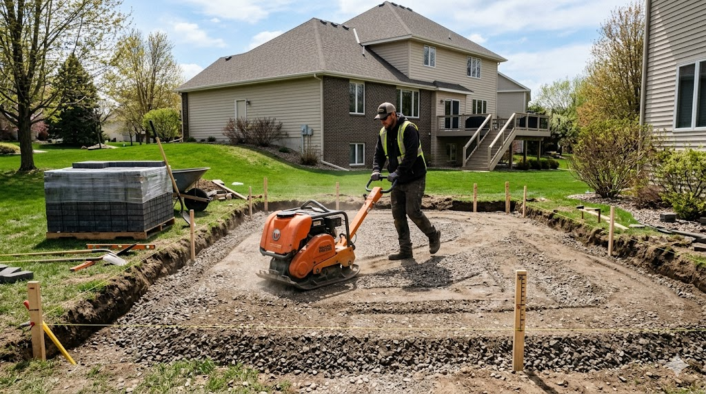 Deep compacted gravel base and plate compactor during a frost-resistant paver patio installation in Chanhassen Minnesota