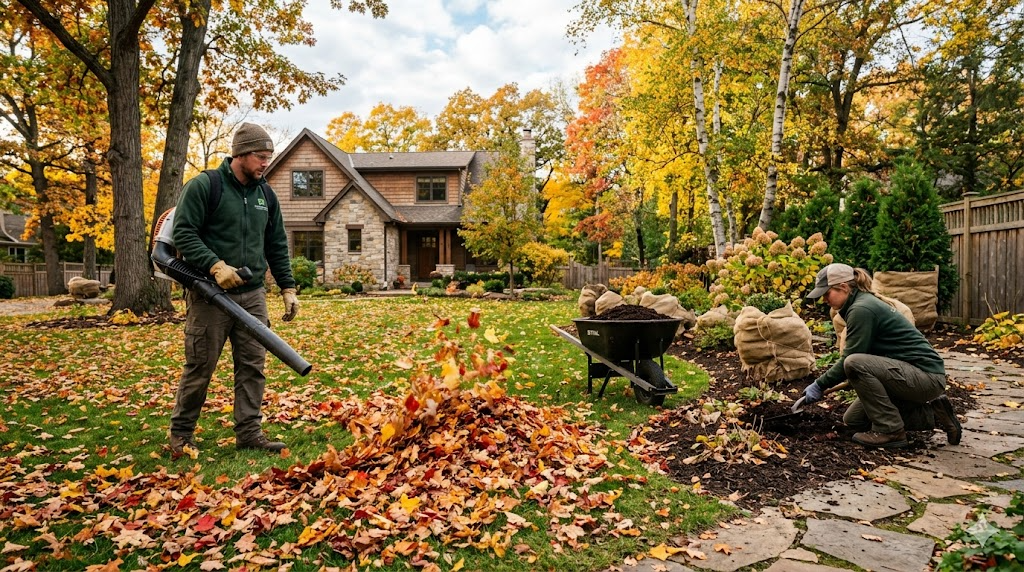 Landscape crew winterizing a Minnesota backyard in fall, blowing leaves and mulching beds with shrubs wrapped in burlap