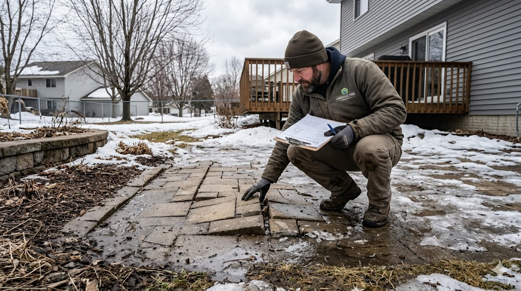 Contractor inspecting frost-heaved and cracked patio pavers revealed by melting snow in early spring Minnesota