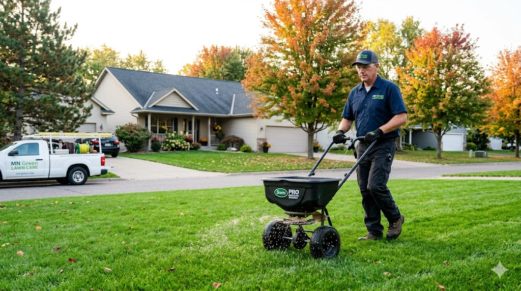 Lawn care professional applying granular fertilizer with a broadcast spreader on a green Minnesota lawn in early fall
