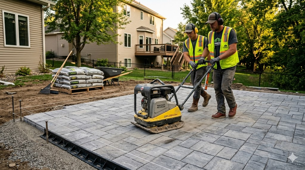 Workers compacting a newly laid gray paver patio with a plate compactor in a Minnesota backyard