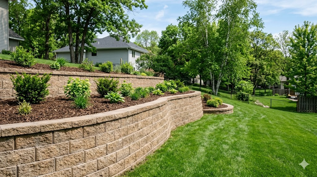 Newly completed terraced segmental block retaining wall with mulched planting beds in a sloped Minnesota yard