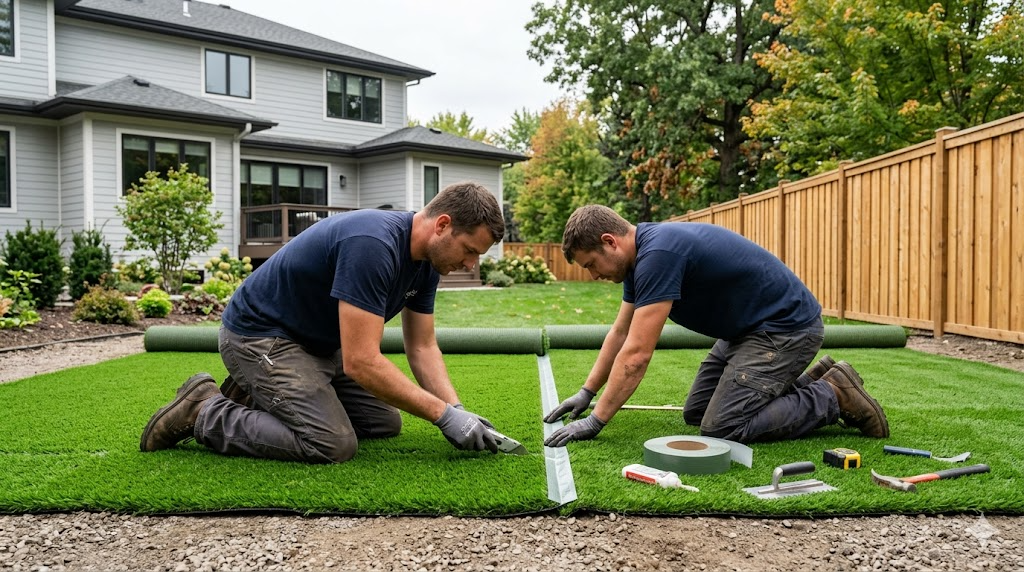 Installers unrolling and seaming bright green artificial turf in a Twin Cities suburban backyard