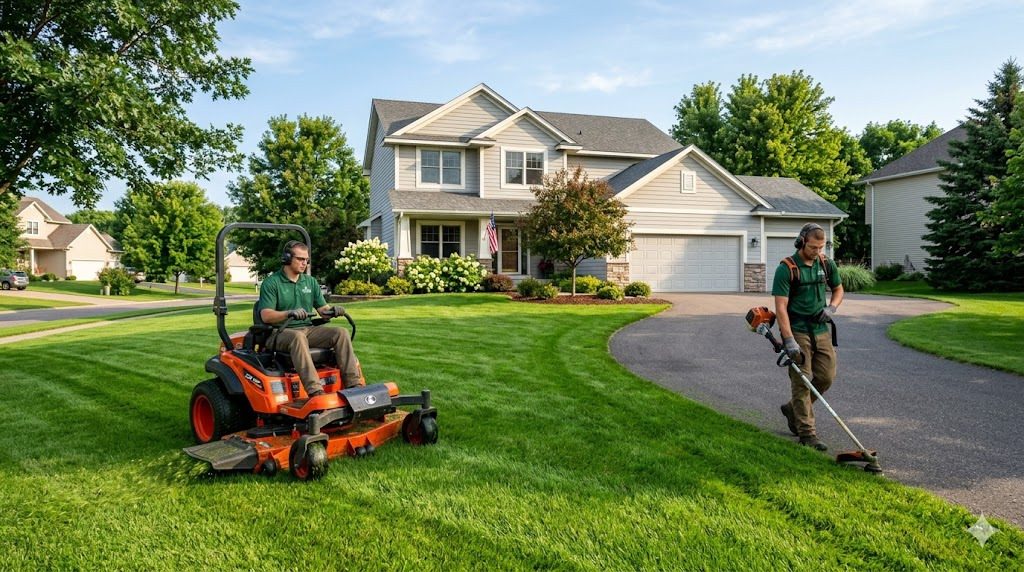 Lawn care technician mowing a green suburban Minnesota lawn with a commercial zero-turn mower while a second tech edges the driveway