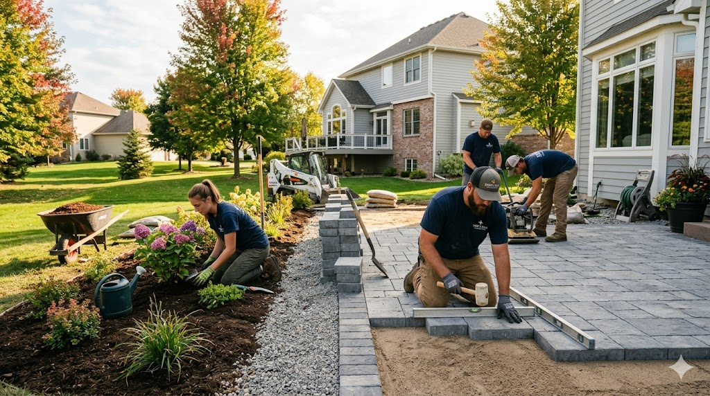 Professional landscaping crew installing a backyard - laying gray pavers for a patio and planting shrubs at a suburban Minnesota home