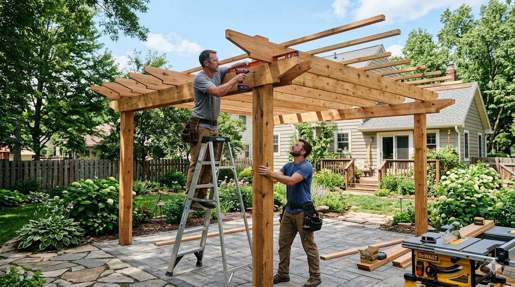 Carpenters installing a cedar pergola over a paver patio in a Minnesota backyard