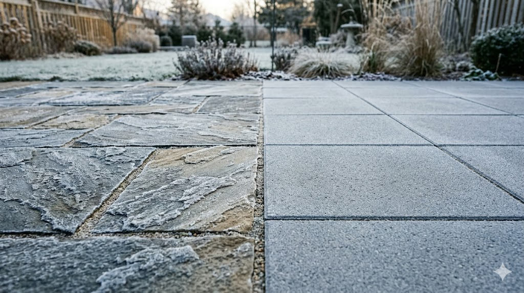 Natural bluestone slabs beside gray concrete pavers showing texture and color differences with light frost