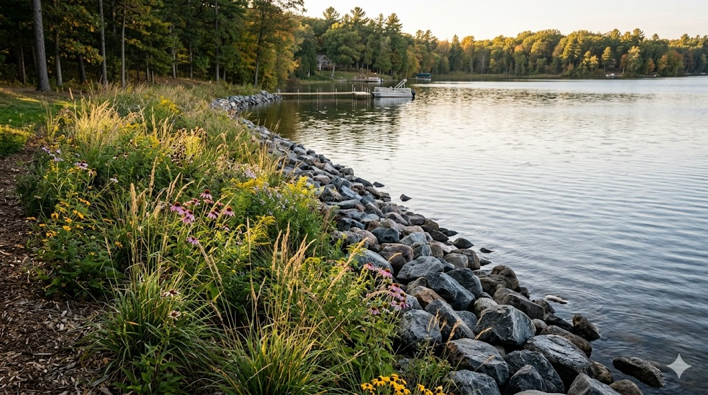 Minnesota lakeshore restoration with riprap boulders and native plantings at the waters edge