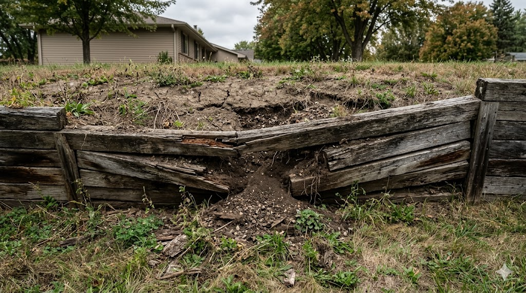 Old leaning timber retaining wall bulging and failing in a Minnesota yard