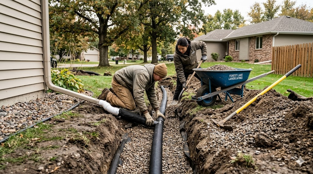 Crew installing a French drain with perforated pipe and washed gravel in a Twin Cities yard