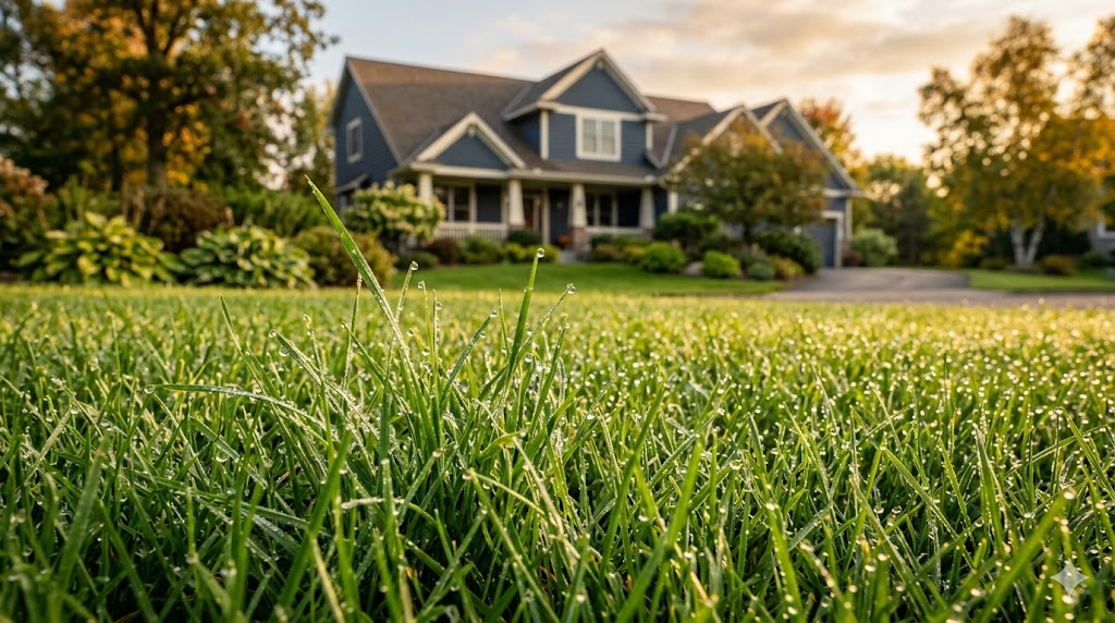 Close-up of a dense Kentucky bluegrass lawn with morning dew in front of a Minnesota home