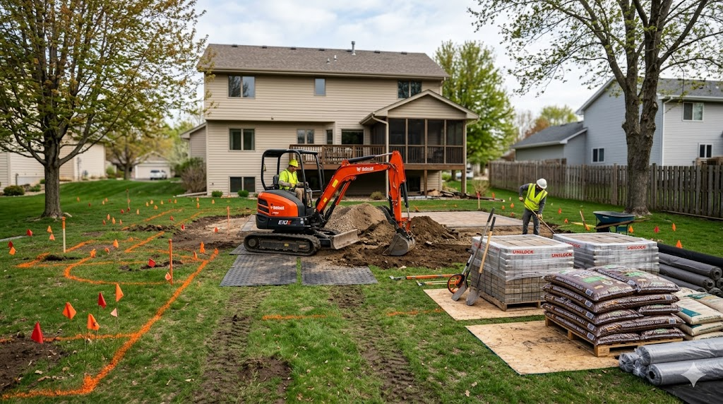 Minnesota backyard prepped for a landscape renovation with utility flags, staged pavers and a mini excavator