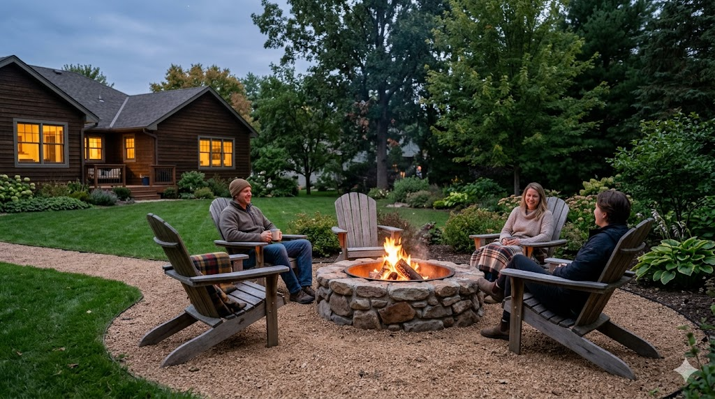 Round natural stone fire pit with an evening fire on a gravel pad with Adirondack chairs in a Minnesota backyard