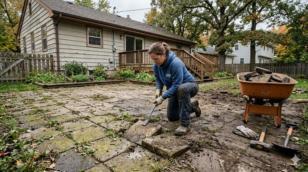Old sunken paver patio with cracked pavers and weeds in the joints being removed by a worker